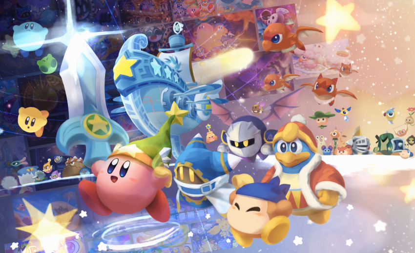 :t ^_^ animal_ears armor bandana bandana_waddle_dee beak beanie belt belt_buckle belt_collar blue_bandana blue_belt blue_eyes blue_footwear blue_hood blue_skin blush_stickers boat buckle cape character_request clenched_hands closed_eyes collar colored_skin copy_ability covered_mouth dragon ear_covers falling flying fur-trimmed_robe fur-trimmed_sleeves fur_trim gleam gloves green_footwear green_skin hat highres holding holding_sword holding_weapon huge_weapon key king_dedede kirby kirby&#039;s_return_to_dream_land kirby_(series) landia long_sleeves looking_ahead looking_at_another lor_starcutter magolor meta_knight nintendo no_humans no_mouth open_mouth orange_shoes orange_skin pauldrons pink_skin pom_pom_(clothes) pom_pom_beanie purple_footwear purple_wings rayman_limbs red_footwear red_hat red_robe red_sash reflective_floor ripples robe sailboat sash scarf shoes shoulder_armor sir_kibble smile solid_oval_eyes spread_wings star_(symbol) suyasuyabi sword sword_kirby triangle_print two-tone_sash ultra_sword_kirby waist_sash walking watercraft weapon white_cape white_gloves white_mask white_scarf wings yellow_eyes yellow_gloves yellow_sash yellow_shoes yellow_skin