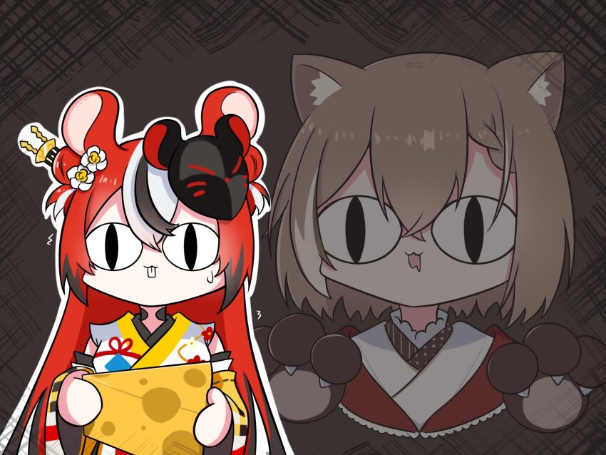 &lt;|&gt;_&lt;|&gt; 2girls animal_ears animal_hands black_hair braid braided_bangs brown_background brown_gloves brown_hair buck_teeth cat_ears cheese chibi commentary cropped_torso drooling fong_(fongthe0125) food gloves hair_between_eyes hakos_baelz hakos_baelz_(new_year) highres holding holding_food hololive hololive_english japanese_clothes kemonomimi_mode kimono long_hair long_sleeves mask mask_on_head mouse_ears mouse_mask mouth_drool multicolored_hair multiple_girls nanashi_mumei nanashi_mumei_(new_year) paw_gloves red_hair short_hair small_sweatdrop streaked_hair sweat teeth upper_body very_long_hair virtual_youtuber white_hair white_kimono
