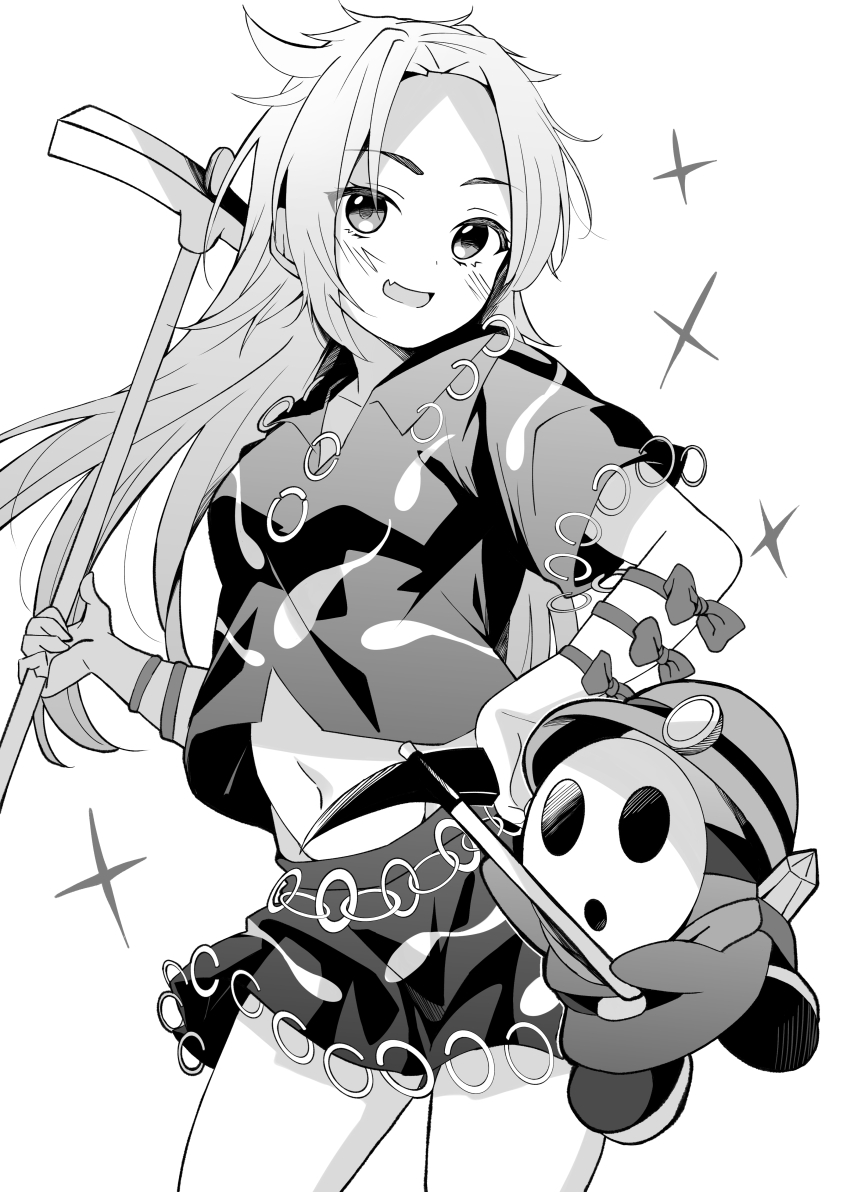 1girl 1other absurdres arm_ribbon blush breasts character_request collared_shirt copyright_request fang greyscale highres himemushi_momoyo holding holding_pickaxe long_hair looking_at_viewer mask meimei_(meimei89008309) midriff_peek mining_helmet monochrome multi-source_commentary navel open_mouth pickaxe ribbon shirt short_sleeves skin_fang skirt smile sparkle touhou