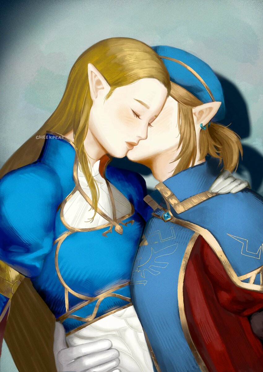 1boy 1girl absurdres arm_around_neck arm_around_waist art-rica artist_name beret blonde_hair blue_dress blue_hat closed_eyes couple dress earrings gloves gold_trim grey_background hat hetero highres jewelry kiss kissing_cheek light_blush link long_hair medium_hair military_hat military_uniform nintendo pointy_ears ponytail princess_zelda royal_guard_set_(zelda) short_ponytail the_legend_of_zelda the_legend_of_zelda:_breath_of_the_wild upper_body white_gloves