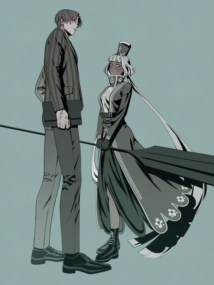 1boy 1girl black_gloves breasts charon_(project_moon) dark-skinned_female dark_skin eoru1010 expressionless full_body gloves grey_hair grey_pants hat highres holding holding_oar limbus_company long_hair long_sleeves looking_at_viewer oar pants pinstripe_jacket pinstripe_pattern project_moon scar scar_on_face simple_background standing twintails vergilius_(project_moon)
