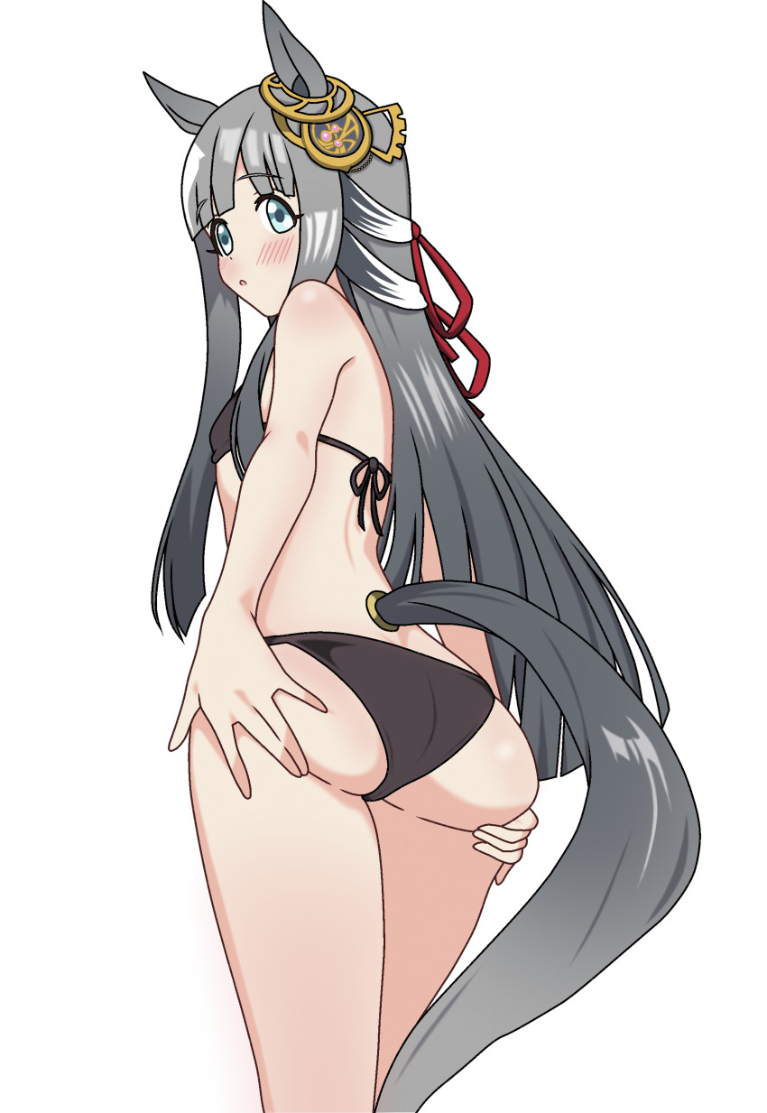 1girl :o absurdres alternate_costume ass ass_focus ass_support bikini black_bikini blue_bikini blue_eyes breasts chrono_genesis_(umamusume) closed_mouth commentary ear_ornament from_behind grey_hair hands_on_own_ass highres horse_girl horse_tail huge_ass looking_at_viewer purin_draw small_breasts smile solo swimsuit tail umamusume