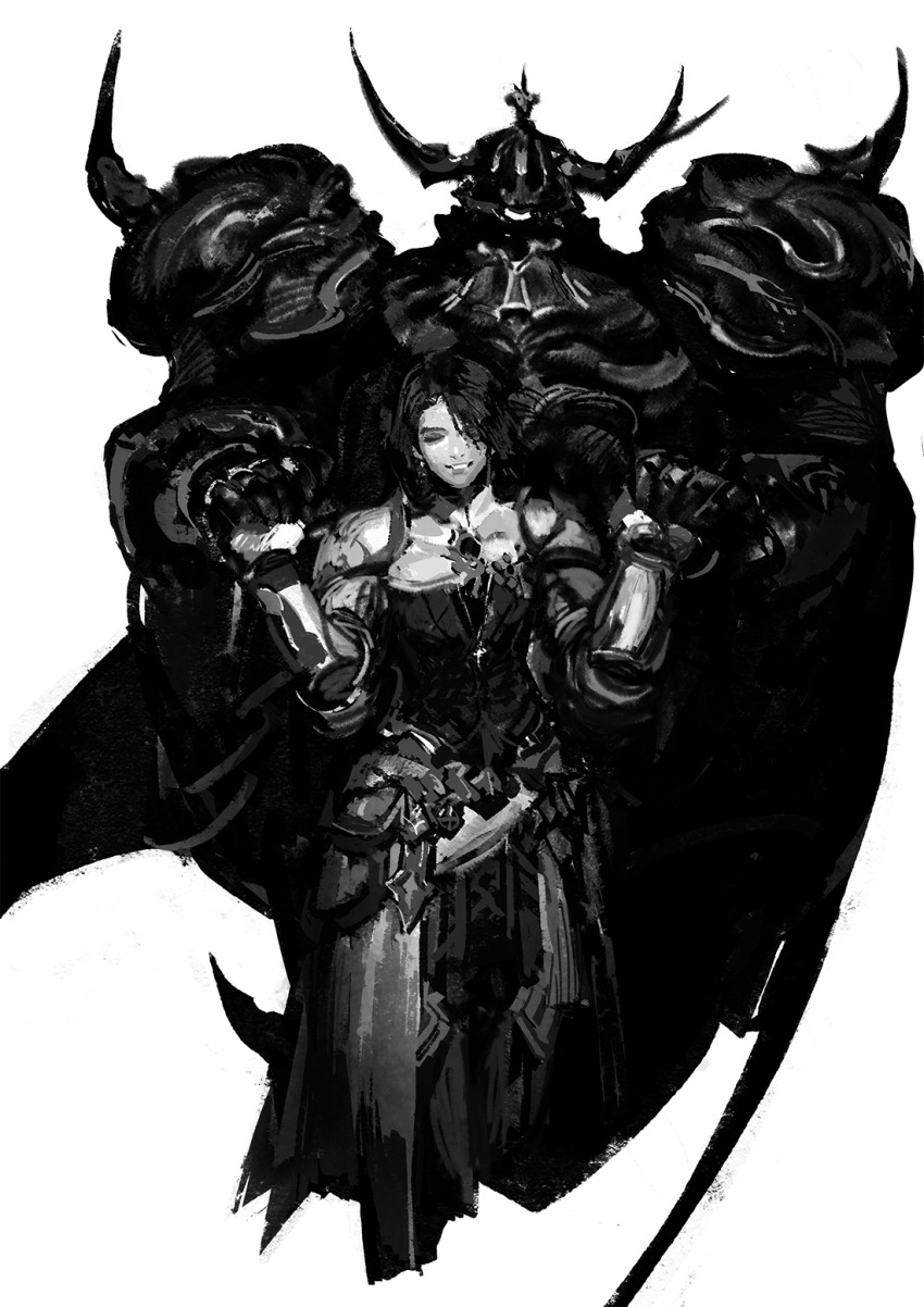 1boy 1girl armor breastplate closed_eyes commentary_request cowboy_shot cropped_legs facing_viewer fake_horns faulds ff14_chronicc final_fantasy final_fantasy_xiv full_armor gauntlets golbez greyscale helmet highres holding_hands horned_helmet horns korean_commentary monochrome no_lineart paladin_(final_fantasy) pauldrons short_hair shoulder_armor simple_background smile white_background zero_(ff14)