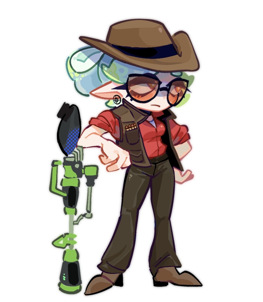 1girl almonthic cosplay earrings glasses gun hat hero_charger_(splatoon) highres inkling jewelry marie_(splatoon) nintendo pointy_ears red_shirt red_sniper_(tf2) rifle shirt short_hair shorts simple_background sniper_(tf2) sniper_(tf2)_(cosplay) sniper_rifle solo splatoon_(series) sunglasses team_fortress_2 tentacle_hair vest weapon yellow_eyes