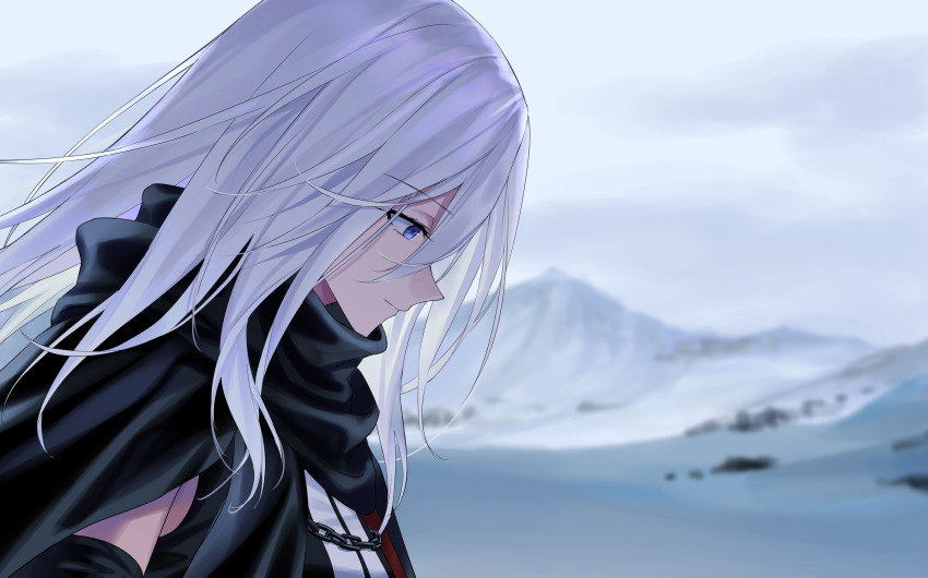 1girl absurdres azur_lane black_scarf blue_eyes closed_mouth code_g_(azur_lane) commentary commission english_commentary from_side hair_between_eyes highres long_hair looking_down mountain outdoors pixiv_commission scarf solo suprii white_hair