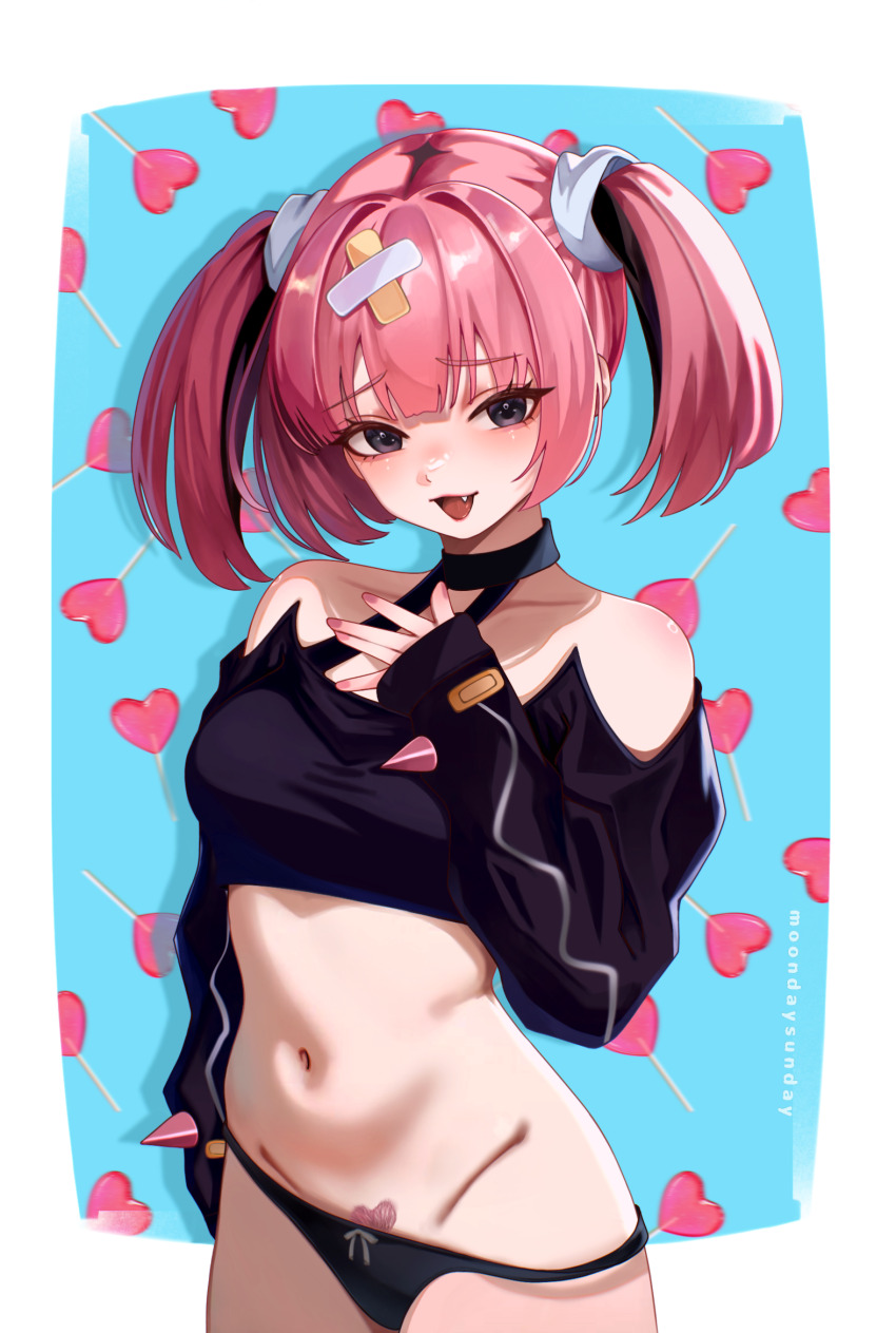 1girl artist_name bare_shoulders bilingual_commentary black_choker black_eyes black_hair black_jacket black_panties blue_background blush breasts candy choker collarbone colored_pubic_hair commentary coral_(pokemon) cross_hair_ornament english_commentary fang female_pubic_hair fingernails food groin hair_ornament heart heart-shaped_food heart-shaped_lollipop heart-shaped_pubic_hair highres jacket large_breasts lollipop long_hair long_sleeves looking_at_viewer matchacha mixed-language_commentary multicolored_hair nail_polish navel nintendo open_mouth panties pink_hair pink_lips pink_nails pink_pubic_hair pokemon pokemon_(anime) pokemon_horizons pubic_hair shaped_lollipop shaped_pubic_hair sleeves_past_wrists smile solo stomach thighs tongue twintails two-tone_hair underwear white_background