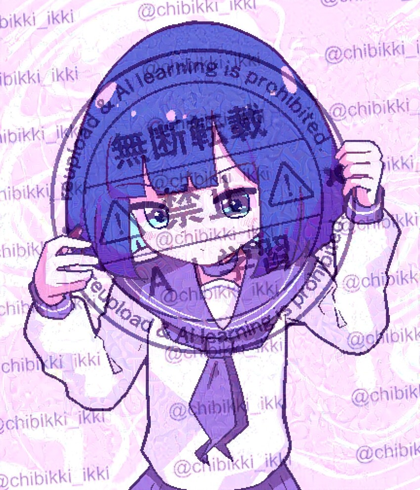 1girl adversarial_noise blue_eyes blue_hair blue_neckerchief blue_sailor_collar blue_skirt chibikki commentary english_text highres long_sleeves looking_at_viewer meta mixed-language_commentary neckerchief original pleated_skirt sailor sailor_collar satire shirt short_hair skirt watermark white_shirt
