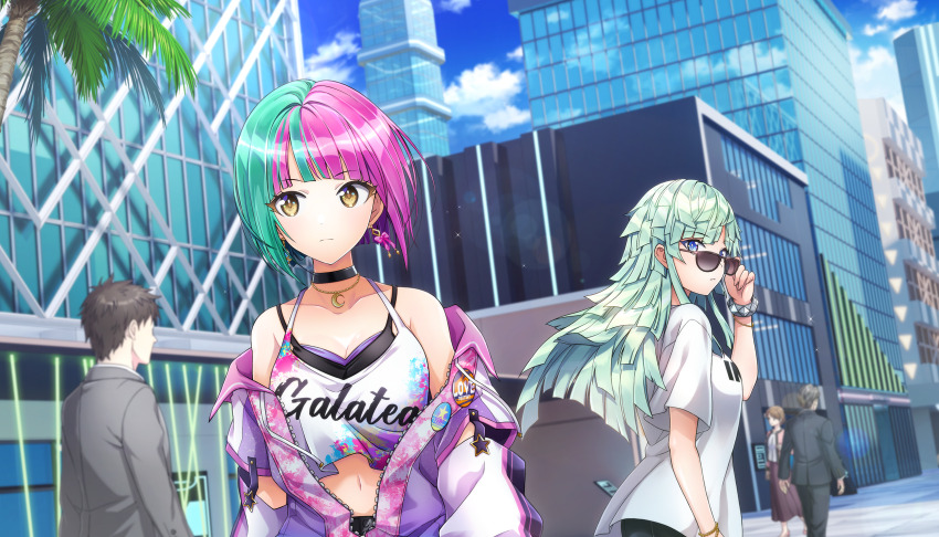 2boys 3girls adjusting_eyewear bare_shoulders black_choker blue_eyes blunt_bangs bob_cut bracelet breasts brown_eyes choker cleavage crescent crescent_necklace crop_top dolphin_wave green_hair helly_lewis highres jewelry large_breasts looking_over_eyewear midriff multicolored_hair multiple_boys multiple_girls navel necklace non-web_source off_shoulder official_alternate_costume official_art ootomo_takuji outdoors palms pink_hair selena_lewis shirt sunglasses t-shirt two-tone_hair white_shirt