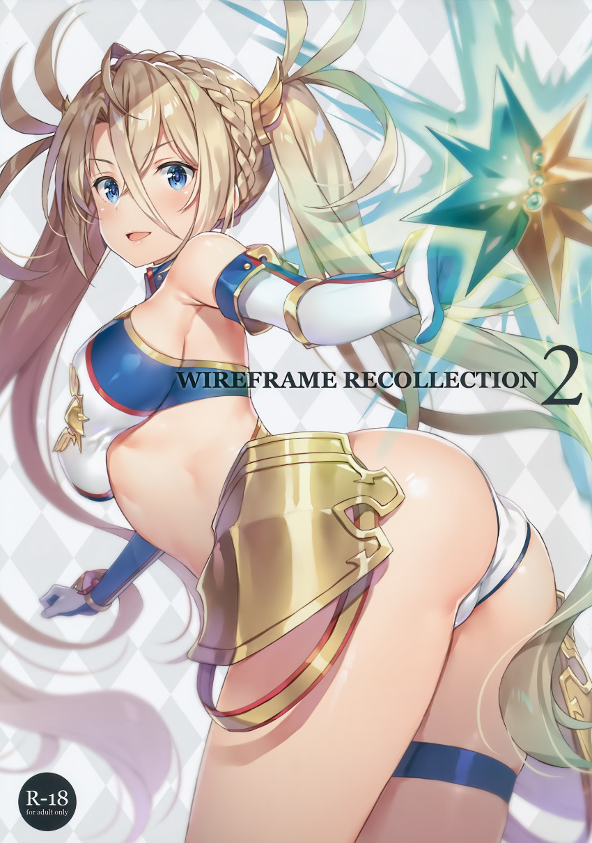 1girl absurdres armor ass bare_shoulders blonde_hair blue_eyes blush bradamante_(fate) bradamante_(third_ascension)_(fate) braid breasts clenched_hand content_rating crown_braid elbow_gloves fate/grand_order fate_(series) faulds female_focus floating floating_object gloves good_ass_day highres long_hair looking_at_viewer looking_back medium_breasts midriff open_mouth scan shiny_clothes shiny_skin simple_background sleeveless smile solo thigh_strap thighs twintails very_long_hair white_background yuuki_hagure
