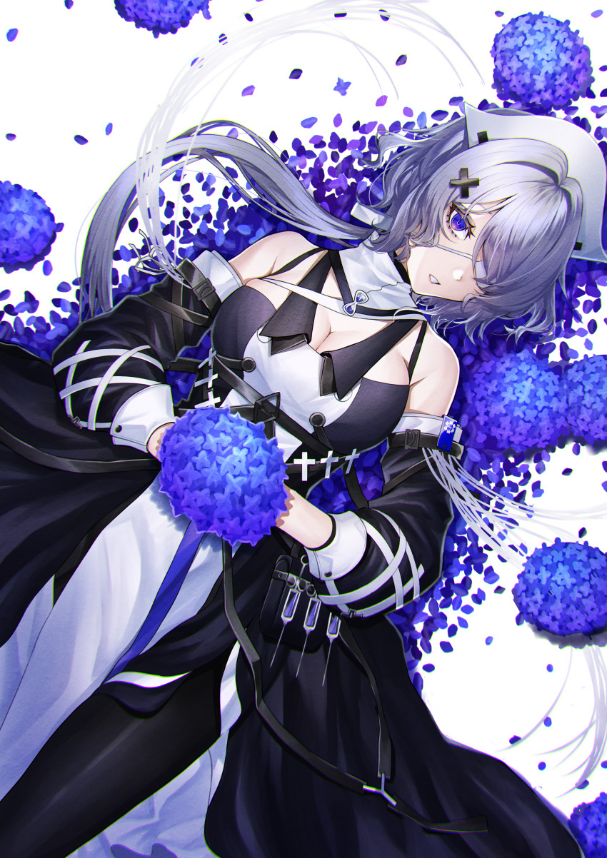 1girl aboreen absurdres arknights black_dress breasts cleavage detached_sleeves dress eyepatch flower hair_over_one_eye hat highres hydrangea large_breasts long_hair looking_at_viewer lying medical_eyepatch nurse_cap on_back purple_eyes purple_hair solo two-tone_dress whisperain_(arknights)
