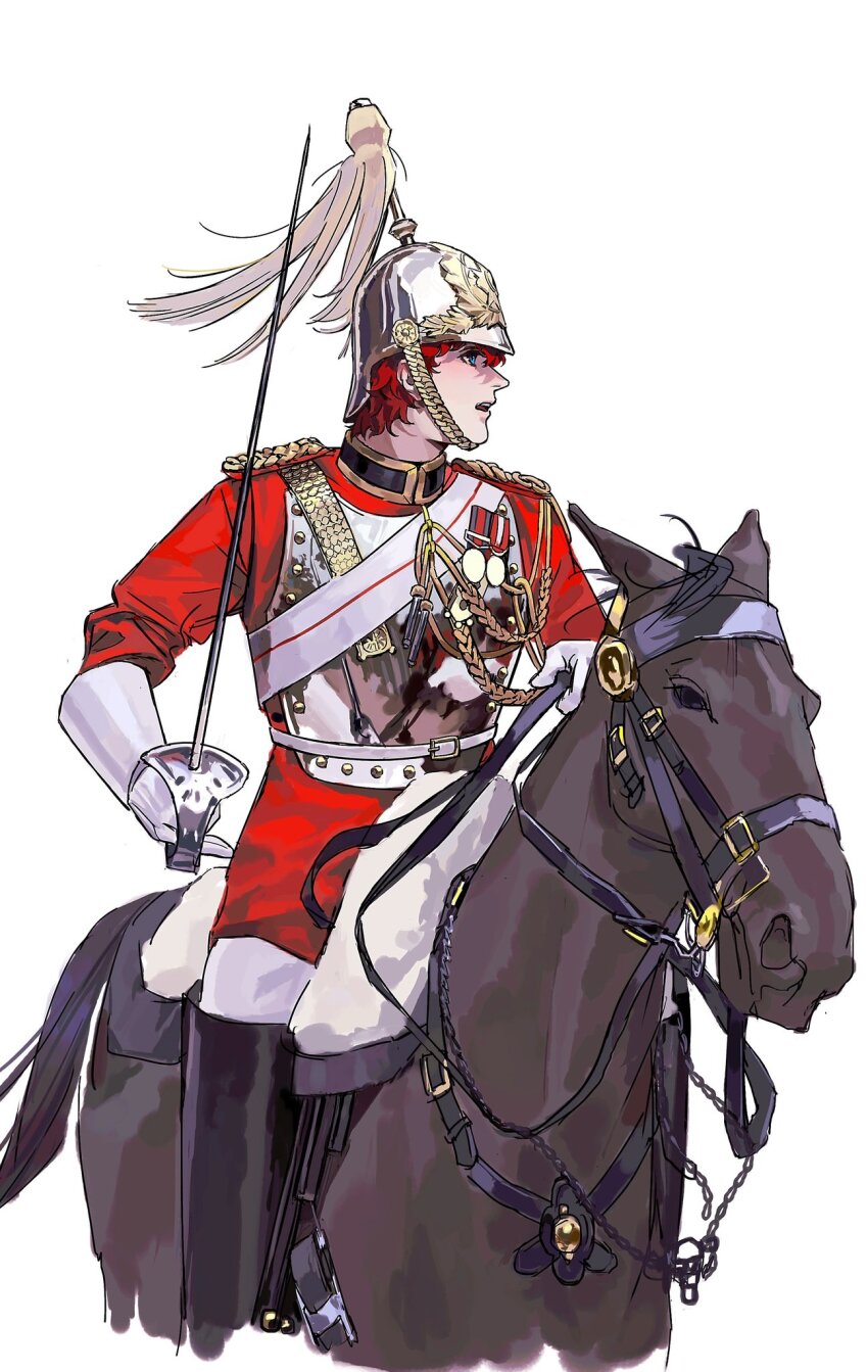 1boy aiguillette animal armor belt belt_buckle black_boots black_horse blue_hair boots bridle buckle cavalry chin_strap chinese_commentary collared_shirt combat_helmet commentary_request cropped_legs erhuazi917 feet_out_of_frame ginga_eiyuu_densetsu gloves helmet high_collar highres holding holding_leash holding_sword holding_weapon horse horseback_riding leash long_sleeves looking_to_the_side male_focus medal military_uniform open_mouth pants pickelhaube profile rapier red_hair red_pants red_shirt riding saddle sash shirt short_hair shoulder_boards siegfried_kircheis simple_background solo sword teeth thigh_boots turning_head upper_teeth_only weapon white_background white_belt white_gloves white_helmet white_sash