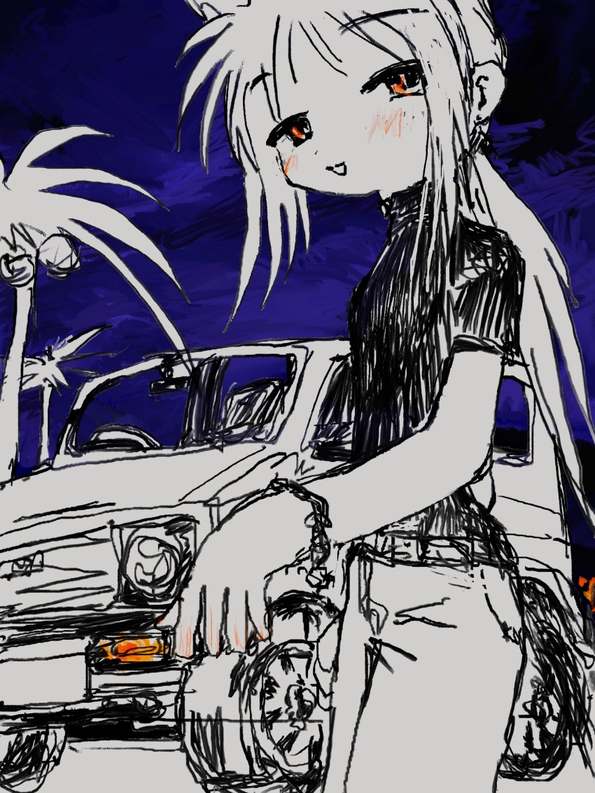 1girl black_shirt blush bracelet car highres izmi jeep_wrangler jewelry limited_palette long_hair looking_at_viewer motor_vehicle open_mouth orange_eyes original palm_tree pants ponytail shirt short_sleeves sidelocks sketch smile solo tree vehicle_request wheel