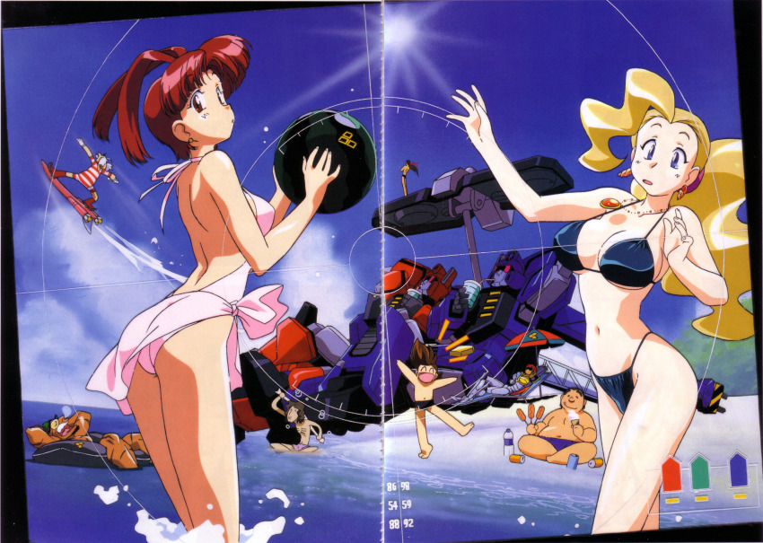 1990s_(style) 2girls 6+boys absurdres amami_mamoru beach bikini blonde_hair blush breasts brown_hair closed_eyes cloud crease crosshair day enryu entouji_kousuke highleg highleg_bikini highres hyouryu hyuuma_geki kimura_takahiro large_breasts long_hair looking_at_viewer multiple_boys multiple_girls one-piece_swimsuit open_mouth outdoors pink_sarong red_hair retro_artstyle sarong scan scan_artifacts shishiou_gai shishiou_leo short_hair sky smile swan_white swimsuit taiga_koutarou ushiyama_kazuo utsugi_mikoto yuusha_ou_gaogaigar yuusha_series
