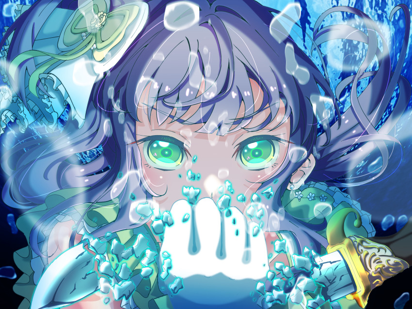 1girl absurdres air_bubble be_proud_(love_live!) bow bubble clenched_hand commentary_request dress frilled_dress frills gloves green_bow green_dress green_eyes hair_bow highres link!_like!_love_live! long_hair love_live! mixed-language_commentary otomune_kozue purple_hair shards shirane_nanimo side_ponytail solo underwater virtual_youtuber water white_gloves