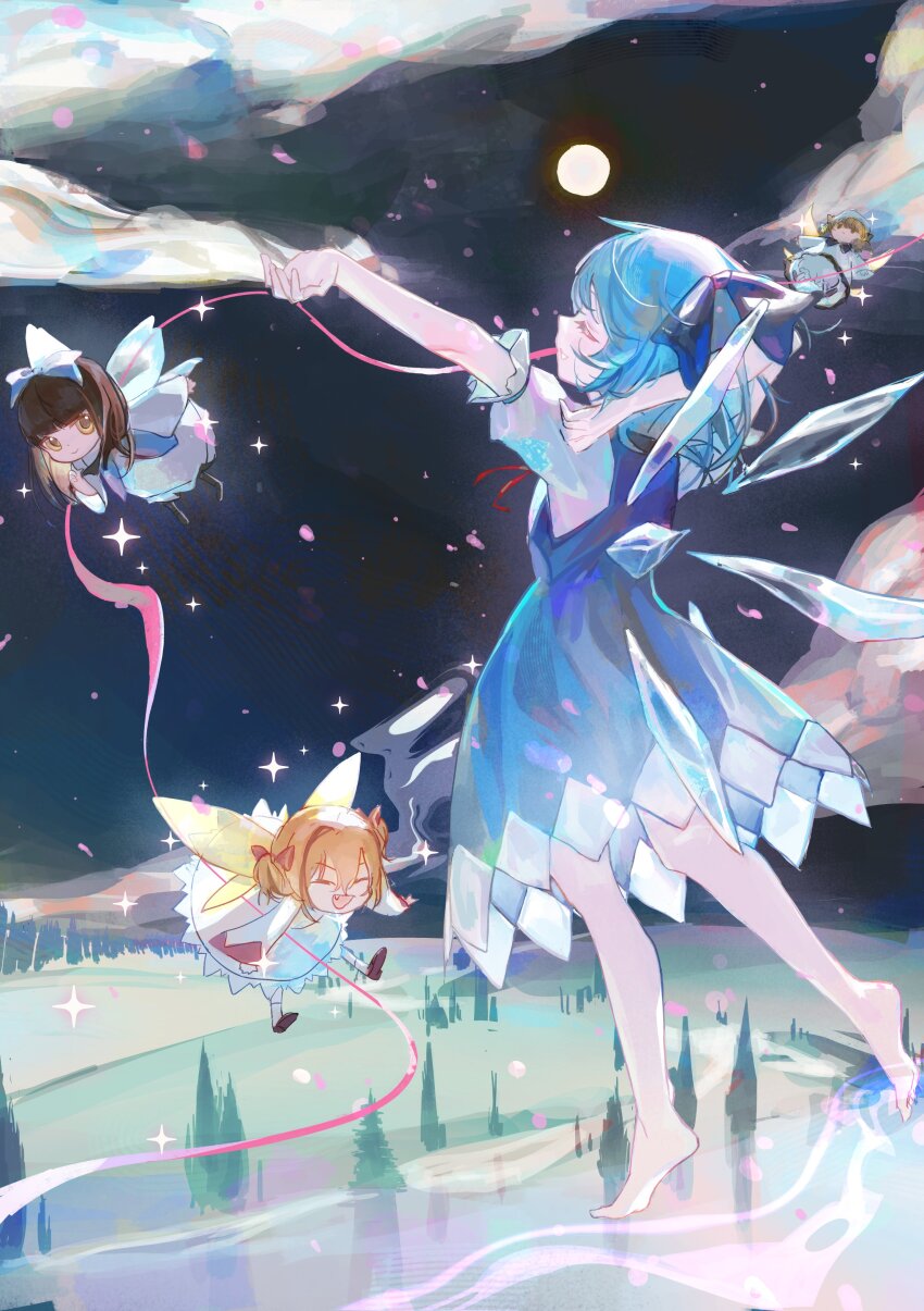 4girls absurdres arms_up bare_legs barefoot blonde_hair bloomers blue_bow blue_dress blue_hair blunt_bangs bow brown_hair cirno closed_eyes closed_mouth cloud dress fairy fairy_wings falling_petals fang field flying frills full_body full_moon hair_between_eyes hair_bow highres ice ice_wings long_sleeves luna_child mini_person minigirl moon multiple_girls night night_sky open_mouth orange_hair petals pinafore_dress pine_tree pink_ribbon puffy_short_sleeves puffy_sleeves red_ribbon ribbon shirt short_hair short_sleeves sky sleeveless sleeveless_dress smile sparkle star_sapphire sunny_milk touhou tree two_side_up underwear white_shirt wide_sleeves wings wusubamineko yellow_eyes