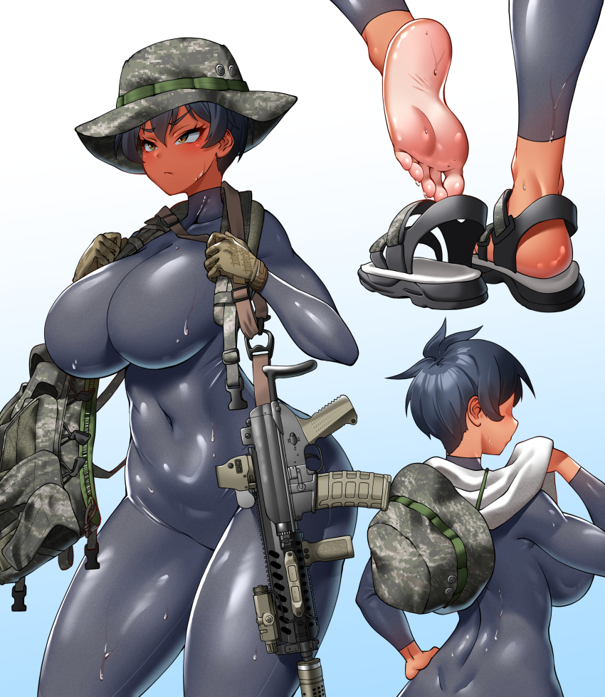 1girl absurdres assault_rifle barefoot black_hair bodysuit boonie_hat breasts brown_gloves camouflage_headwear chest_rig closed_mouth collarbone covered_navel daewoo_k1 feet gloves gun gun_sling hair_between_eyes highres hitch_(perotoss) laser_sight looking_ahead multiple_views optical_sight original paid_reward_available republic_of_korea_marine_corps rifle sandals sergeant_joo short_hair slit_pupils soles suppressor tan tanline toes towel vertical_foregrip weapon wet yellow_eyes