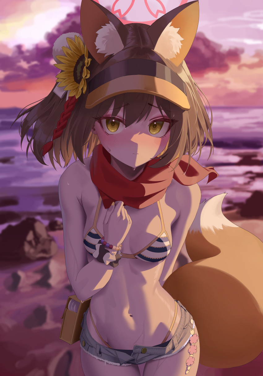 1girl absurdres animal_ear_fluff animal_ears bikini blue_archive blush breasts brown_hair dawn denim fox_ears fox_girl fox_tail groin hair_ornament halo highres izuna_(blue_archive) izuna_(swimsuit)_(blue_archive) leavv looking_at_viewer navel ocean scarf short_hair shorts small_breasts solo striped swimsuit tail visor_cap wet yellow_eyes