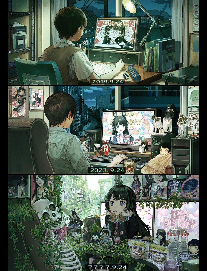 1boy 1girl 3koma absurdres acrylic_stand_(object) age_progression at_computer birthday birthday_cake black_hair blue_eyes book bottle bow bowtie brown_vest building cake can chair character_charm character_doll charm_(object) comic computer computer_keyboard computer_mouse computer_tower cup dated desk_lamp doll elbow_rest eraser figure food food_wrapper happy_birthday head_rest highres holding holding_pen ikuta41 indoors lamp monitor mouth_hold nijisanji nijisanji_idol_uniform on_chair overgrown party_horn pen pencil_case pillarboxed pink_bow pink_bowtie plant post-apocalypse progression screen shirt sitting skeleton skull speaker tablet_pc through_medium through_screen timestamp tsukino_mito tsukino_mito_(1st_costume) tsukino_mito_(astronaut) tsukino_mito_(moon!!) tsukino_mito_(moon_princess) tsukino_mito_(tsuki_no_usagi_ha_virtual_no_yume_wo_miru) vest virtual_youtuber water_bottle white_shirt window
