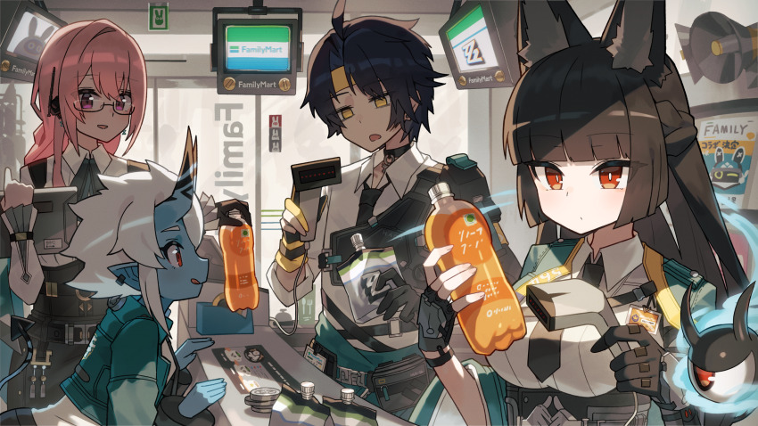 1boy 3girls animal_ear_fluff animal_ears asaba_harumasa black_gloves black_hair black_skirt blue_skin blunt_bangs colored_skin dress_shirt familymart fingerless_gloves fox_ears fox_girl gloves green_jacket hair_between_eyes headband high-waist_skirt highres horns hoshimi_miyabi indoors jacket katsu_(katsupainter) long_hair looking_at_viewer multiple_girls oni parted_bangs pencil_skirt pink_eyes pink_hair pointy_ears red_eyes shirt short_hair sidelocks single_fingerless_glove skirt smile soukaku_(zenless_zone_zero) tsukishiro_yanagi white_hair white_shirt yellow_headband zenless_zone_zero