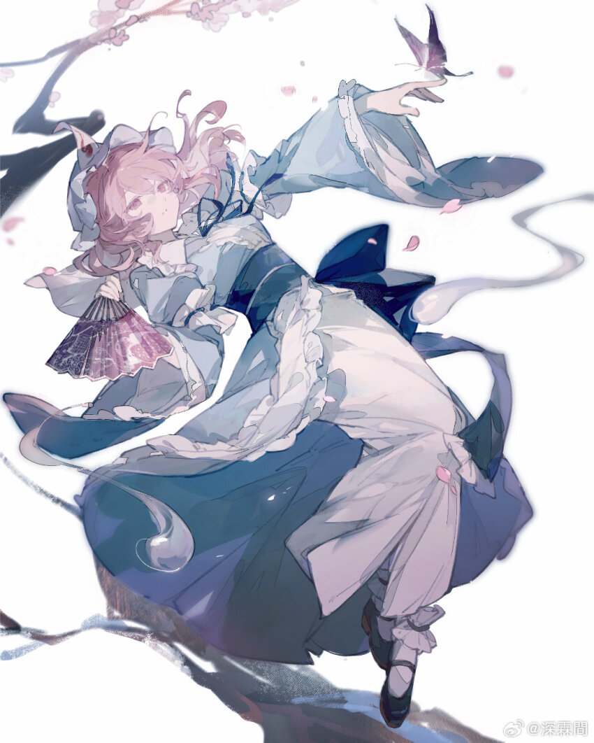 1girl black_shoes blue_bow blue_hat blue_kimono blue_ribbon blue_sash bow branch breasts bug butterfly butterfly_on_hand center_frills cherry_blossoms chinese_commentary colored_eyelashes commentary_request dress floating_hair flower folding_fan frilled_anklet frilled_bow frilled_hat frilled_kimono frilled_sleeves frills full_body hand_fan hat highres hitodama holding holding_fan insect japanese_clothes kimono koiliblikas large_breasts layered_sleeves leaning_back long_dress long_hair long_sleeves mary_janes mob_cap neck_ribbon obi outstretched_arm parted_lips petals pink_butterfly pink_eyes pink_flower pink_hair ribbon saigyouji_yuyuko sash shoes simple_background socks solo spiral_print touhou tree triangular_headpiece veil watermark weibo_watermark white_background white_dress white_socks white_veil wide_sleeves