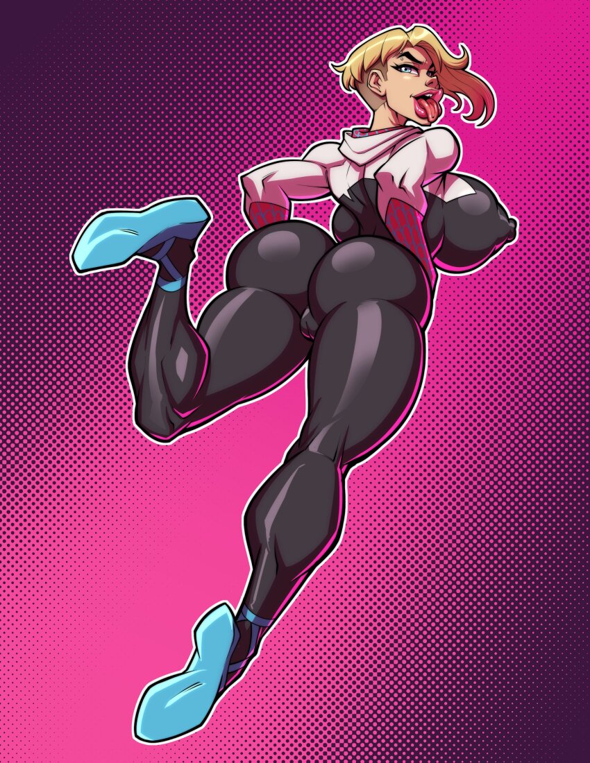 absurdres ass asymmetrical_hair black_background black_bodysuit blonde_hair blue_eyes bodysuit breasts cameltoe covered_erect_nipples eyebrow_piercing face_piercing fontez highres hood hood_down hooded_bodysuit huge_breasts marvel multicolored_bodysuit nipples open_mouth piercing pink_background short_hair sidecut spider-gwen spider-man_(series) superhero_costume tongue tongue_out two-tone_background two-tone_bodysuit undercut white_bodysuit