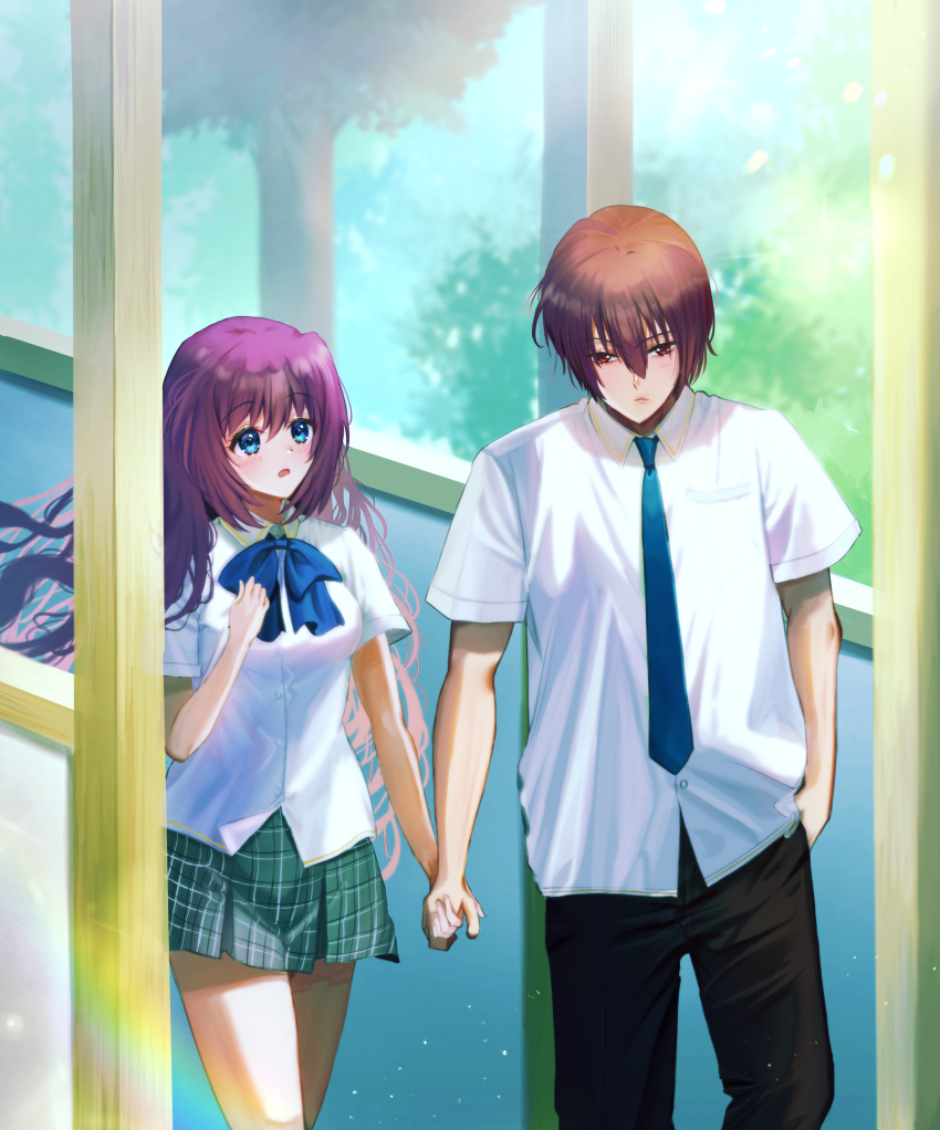 1boy 1girl a-chan_(little_busters!) absurdres arm_at_side black_pants blue_bow blue_bowtie blue_eyes blue_necktie blush bow bowtie brown_eyes brown_hair clenched_hand closed_mouth collared_shirt commentary_request couple cowboy_shot day dress_shirt eyelashes floating_hair frown green_skirt hair_between_eyes hand_up hetero highres holding_hands indoors little_busters! little_busters!_school_uniform long_hair looking_at_another looking_down miiizuno_lbs miniskirt natsume_kyousuke necktie open_mouth pants plaid_clothes plaid_skirt purple_hair rainbow school_uniform shirt short_hair short_sleeves shy side-by-side sidelighting skirt standing summer_uniform surprised tareme tears tsurime v-shaped_eyebrows very_long_hair white_shirt