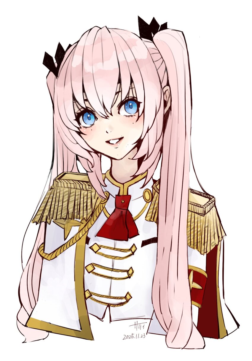 1girl aiguillette altea_alessandrini artist_name ascot assault_lily black_ribbon blue_eyes blush capelet commentary_request cropped_arms cropped_torso dated epaulettes grin hair_between_eyes hair_ribbon highres jacket long_hair long_sleeves looking_at_viewer mole mole_above_mouth mole_under_each_eye mole_under_eye mole_under_mouth multiple_moles parted_lips pink_hair red_ascot red_capelet ribbon sally_(allogkk) simple_background smile solo twintails two-sided_capelet upper_body white_background white_jacket