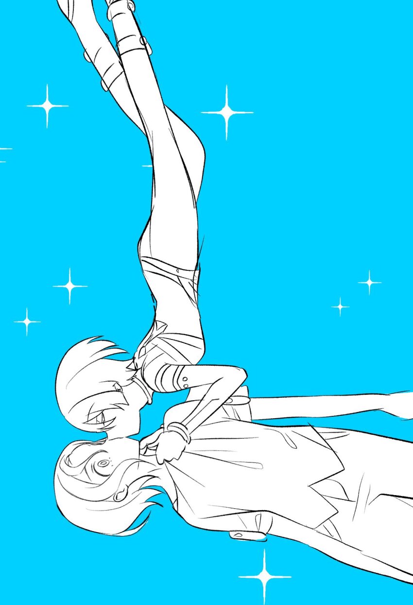 1boy 1girl amate_yuzuriha blue_background closed_eyes gundam gundam_gquuuuuux hetero highres kiss mecha_pilot_suit monochrome shirt short_hair shuji_ito sideways simple_background sparkle turumiya_s wide-eyed
