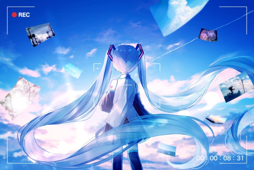 1girl amenomori_howa aqua_hair arm_tattoo black_shoes black_skirt black_sleeves blue_sky boots cloud collared_shirt commentary detached_sleeves fireworks from_behind grey_shirt hashtag-only_commentary hatsune_miku highres long_hair long_sleeves number_tattoo photo_(object) pleated_skirt recording shirt shoes skirt sky solo tattoo thigh_boots tree twintails utility_pole very_long_hair vocaloid