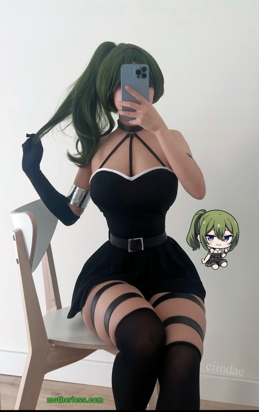 1girl absurdres black_skirt cellphone ciindae cosplay female_pervert green_hair hair_ornament highres miniskirt pervert phone photo_(medium) presenting real_life selfie bad_tag sexually_suggestive skirt solo sousou_no_frieren ubel_(sousou_no_frieren) ubel_(sousou_no_frieren)_(cosplay)