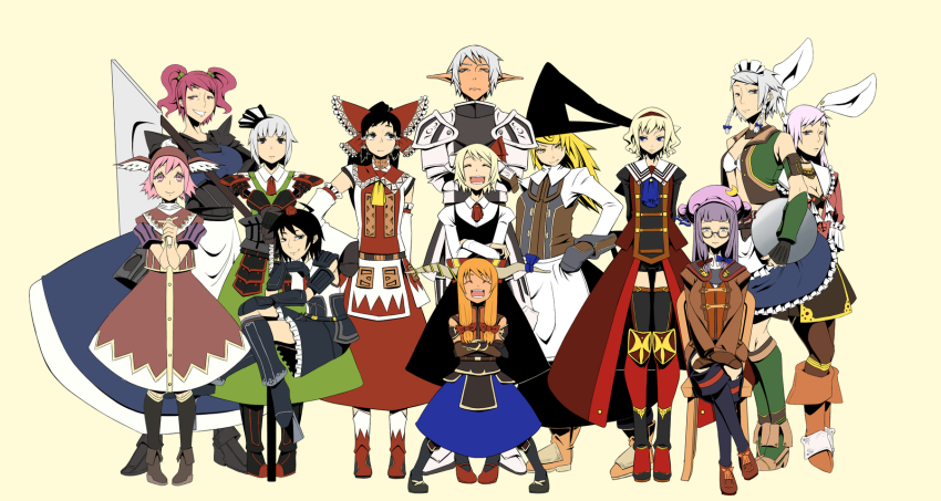 00s 1boy 6+girls adapted_costume alice_margatroid animal_ears armor black_hair black_mage_(final_fantasy) blonde_hair blue_eyes bow braid buront corsair corsair_(final_fantasy) crossed_arms crossed_legs crossover dark_knight dark_knight_(final_fantasy) dress elf elvaan final_fantasy final_fantasy_xi geta glasses greaves hair_bow hairband hakurei_reimu halgion hat highres horn_ornament horn_ribbon horns huge_weapon ibuki_suika izayoi_sakuya kirisame_marisa knee_pads konpaku_youmu laughing long_hair maid_headdress multiple_girls mystia_lorelei onozuka_komachi orange_hair paladin paladin_(final_fantasy) patchouli_knowledge pauldrons pink_hair pointy_ears purple_eyes purple_hair rabbit_ears red_eyes reisen_udongein_inaba ribbon rumia samurai samurai_(final_fantasy) scholar_(final_fantasy) scythe semi-rimless_eyewear shameimaru_aya short_hair short_twintails shoulder_armor silver_hair sitting tengu-geta the_iron_of_yin_and_yang thief_(final_fantasy) touhou twin_braids twintails two_side_up weapon witch_hat yellow_eyes ze-n