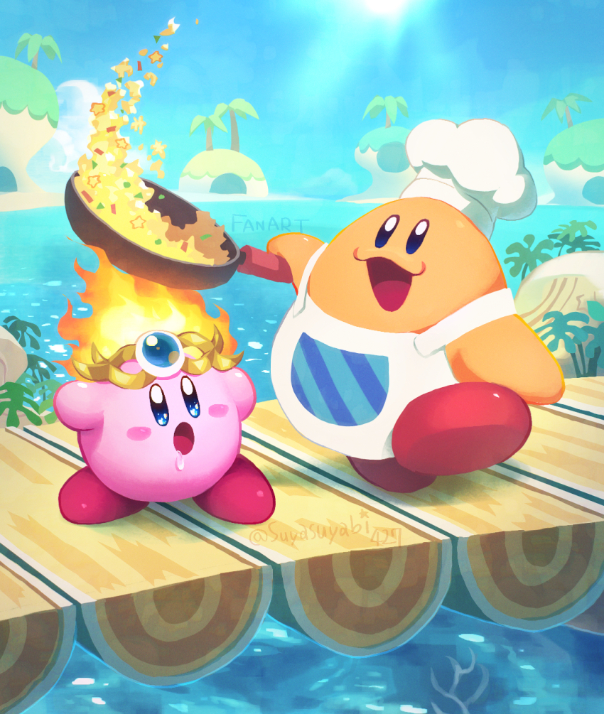 :d :o apron blue_eyes bridge chef_hat chef_kawasaki commentary_request day drooling fire_kirby frying_pan hat highres holding holding_frying_pan island kirby kirby_(series) nintendo no_humans ocean open_mouth outdoors palm_tree smile standing sunlight suyasuyabi tree twitter_username water white_apron white_hat