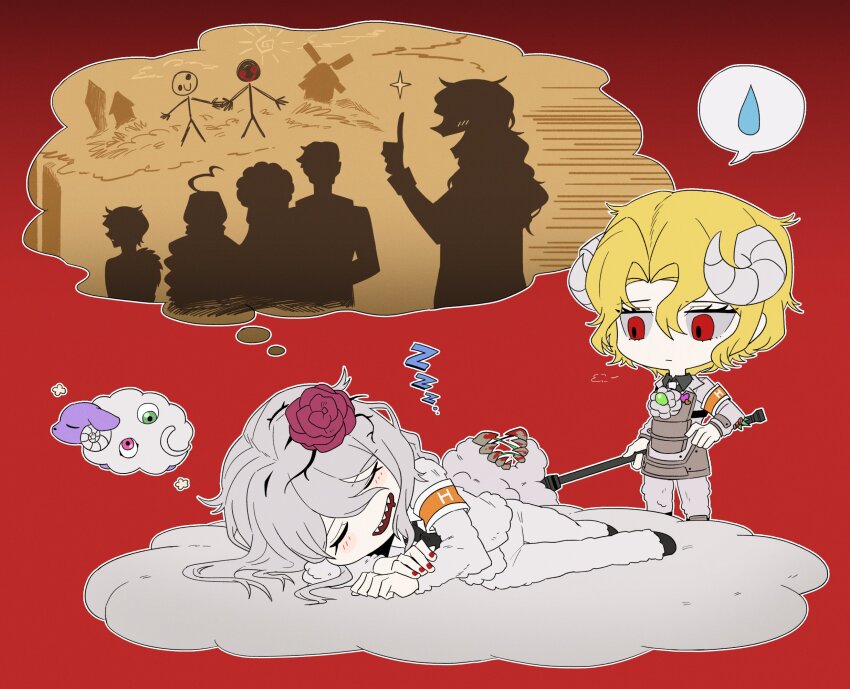 1boy 1girl asdf1211950 nicolina_(project_moon) black_footwear blonde_hair blush don_quixote_(project_moon) dreaming dulcinea_(project_moon) e.g.o_(project_moon) engulfing_dream_(e.g.o) highres horns jacket lantern_(e.g.o) limbus_company lobotomy_corporation lobotomy_corporation_(identity)_(project_moon) long_hair open_mouth pants parted_bangs curiambro_(project_moon) project_moon red_eyes sancho_(project_moon) sharp_teeth sheep_horns shoes sidelocks smile teeth white_hair white_jacket white_pants wool