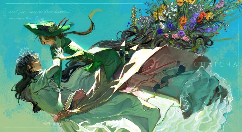 2girls aqua_background black_hair black_skirt chaicha dress eye_contact face-to-face flower from_side full_body gloves gown green_hat green_jacket hand_in_another&#039;s_hair hat highres isolde_(reverse:1999) jacket juliet_sleeves kakania_(reverse:1999) long_dress long_hair long_skirt long_sleeves looking_at_another low_ponytail multiple_girls orange_flower plant ponytail profile puffy_sleeves purple_flower reverse:1999 skirt very_long_hair white_dress white_flower white_gloves yellow_flower yuri