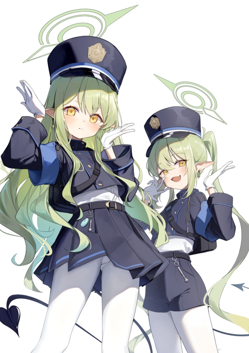 2girls :d armband belt black_bag black_tail blue_archive blue_armband blue_hat blue_jacket blue_shorts blue_skirt blush cowboy_shot crime_prevention_buzzer dampi demon_tail fang gloves green_hair green_halo halo hands_up hat highres hikari_(blue_archive) jacket korean_commentary long_hair long_sleeves looking_at_viewer multiple_girls nozomi_(blue_archive) open_mouth pantyhose peaked_cap pointy_ears shirt shorts siblings sisters skin_fang skirt smile standing tail twins twintails white_background white_gloves white_pantyhose white_shirt yellow_eyes