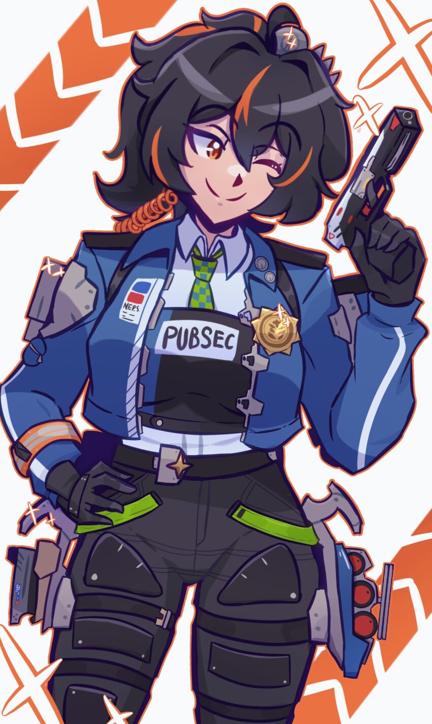 1girl black_gloves black_hair black_pants blue_jacket breasts checkered_necktie collared_shirt gloves gun hair_between_eyes hairband hand_on_own_hip hand_up head_tilt high-waist_pants highres holding holding_gun holding_weapon holster jacket large_breasts lunatuneflowers metal_hairband multicolored_hair necktie one_eye_closed pants police police_badge police_uniform policewoman ponytail red_eyes red_streaks shirt shoulder_holster solo streaked_hair tight_clothes tight_pants weapon zenless_zone_zero zhu_yuan