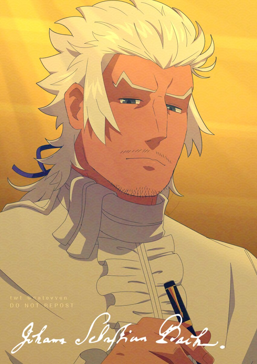 1boy absurdres blue_eyes blue_ribbon catovyen center_frills character_name classicaloid closed_mouth facial_hair frills furrowed_brow goatee_stubble hair_ribbon highres holding holding_pen johann_sebastian_bach_(classicaloid) male_focus mature_male mustache_stubble pen ribbon shirt solo stubble upper_body white_hair white_shirt yellow_background