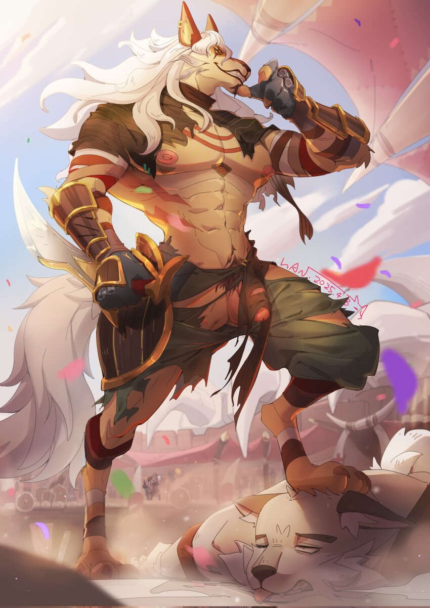 2boys abs afk_(series) afk_journey animal_ears artist_name bara barefoot brutus_(afk) claws dated digitigrade earrings fingerless_gloves furry furry_male gloves grin highres holding holding_knife jewelry knife lion_boy male_focus multiple_boys muscular muscular_male nipples pants pectorals penis scar scar_across_eye scar_on_face shakir_(afk) smile stepped_on tail testicles tongue tongue_out topless_male torn_clothes torn_pants tuji_han wolf_boy wolf_ears wolf_tail
