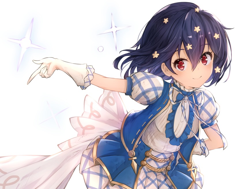 10s 1girl alisia0812 alternate_costume black_hair blue_vest commentary dress female_focus gloves granblue_fantasy hair_ornament highres kimi_to_boku_no_mirai looking_at_viewer mizuno_ai puffy_short_sleeves puffy_sleeves red_eyes short_hair short_sleeves smile solo sparkle_background vest white_background white_gloves zombie_land_saga