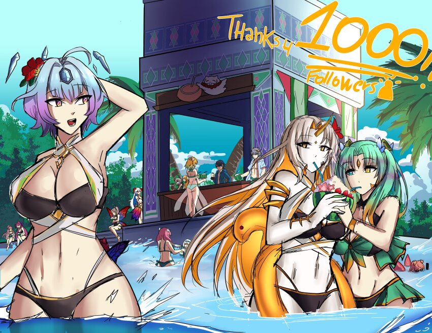 6+girls absurdres alternate_costume aqua_hair arm_up bikini black_bikini bob_cut breasts cleavage colored_inner_hair drinking_straw fire_emblem fire_emblem_heroes fjorm_(fire_emblem) fjorm_(summer)_(fire_emblem) flower freyja_(fire_emblem) freyja_(summer)_(fire_emblem) green_hair grey_hair gullveig_(fire_emblem) gullveig_(summer)_(fire_emblem) gunnthra_(fire_emblem) gunnthra_(summer)_(fire_emblem) hair_flower hair_ornament heidr_(fire_emblem) highres horns hrid_(fire_emblem) hrid_(summer)_(fire_emblem) innertube large_breasts long_hair ludook medium_breasts multicolored_hair multiple_girls nerthuz_(fire_emblem) nerthuz_(summer)_(fire_emblem) nintendo official_alternate_costume olivia_(fire_emblem) olivia_(summer)_(fire_emblem) open_mouth plumeria_(fire_emblem) plumeria_(summer)_(fire_emblem) purple_hair seidr_(fire_emblem) seidr_(summer)_(fire_emblem) stomach swim_ring swimsuit two-tone_hair white_bikini yellow_horns ylgr_(fire_emblem) ylgr_(summer)_(fire_emblem)
