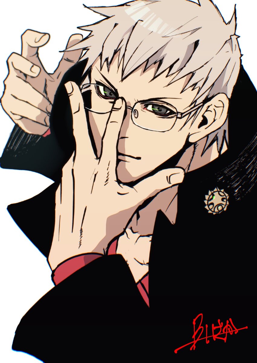 1boy arm_up blonde_hair burning_isaka closed_mouth collarbone collared_jacket commentary glasses grey_eyes hand_on_own_face high_collar highres jacket justice_gakuen kagami_kyousuke layered_clothes layered_sleeves long_sleeves looking_at_viewer male_focus red_shirt rimless_eyewear shirt simple_background solo undershirt upper_body white_background