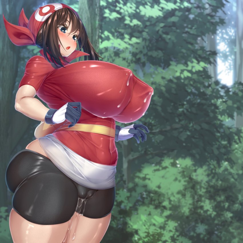 1girl alternate_breast_size ass bandana bike_shorts black_shorts blue_eyes blush breasts brown_hair cameltoe covered_erect_nipples creatures_(company) curvy fanny_pack female_focus forest game_freak gloves highres huge_breasts kawahagitei lactation lactation_through_clothes may_(pokemon) nature nintendo no_bra no_panties open_mouth outdoors pants pokemon pokemon_rse pussy_juice pussy_juice_drip_through_clothes pussy_juice_trail red_bandana red_shirt shirt short_sleeves shorts skindentation solo sweatdrop thick_thighs thighs tight_clothes tight_pants