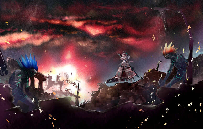 1girl ahoge ajitarou_(setsu) dress emil_chronicle_online highres holding holding_cannon holding_weapon horns mecha_musume mechanical_horns mitama_aria monster robot_ears ruins standing weapon white_dress white_hair