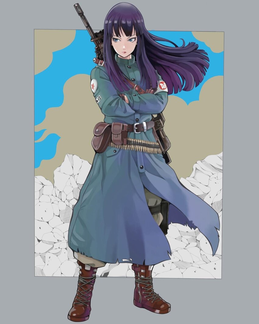 1girl ammunition_belt belt black_hair blue_coat blue_eyes boots border brown_boots brown_gloves coat crossed_arms dragon_ball dragon_ball_(classic) full_body gloves grey_border gun gun_on_back highres long_hair mai_(dragon_ball) red_lips rifle solo to-ru weapon weapon_on_back