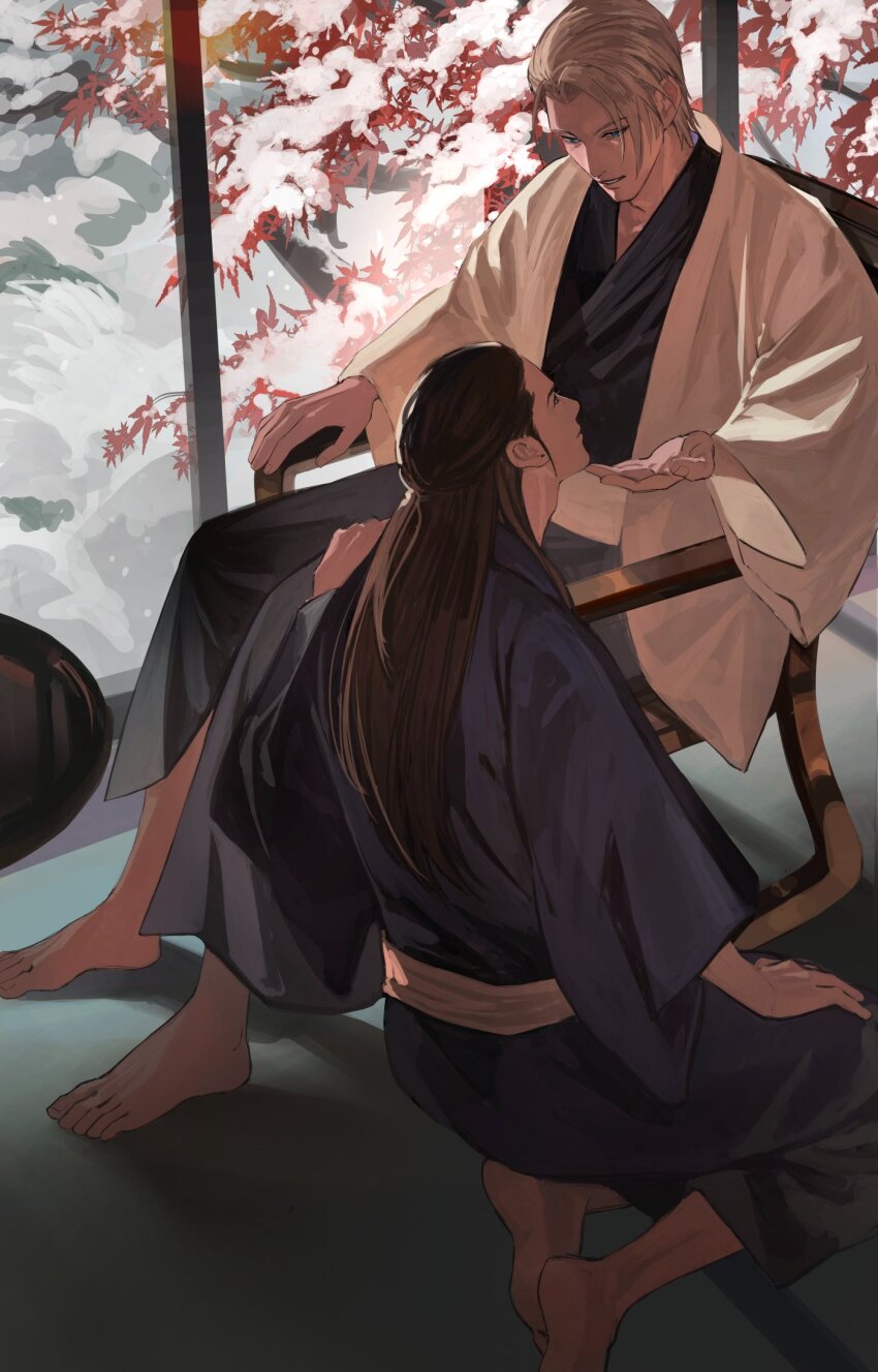 2boys barefoot black_hair black_kimono blonde_hair blue_kimono final_fantasy final_fantasy_vii final_fantasy_vii_rebirth final_fantasy_vii_remake half_updo hand_on_another&#039;s_chin haori highres japanese_clothes kimono kneeling long_hair male_focus multiple_boys parted_bangs parted_lips rufus_shinra short_hair shou_rou sideburns sitting smile tseng white_haori wide_sleeves winter yaoi
