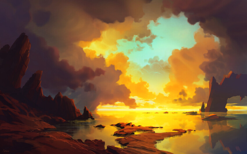 absurdres arch blue_sky cloud cloud_focus cloudy_sky commentary dark_clouds english_commentary evening gradient_sky highres horizon krita_(medium) landscape light_rays nature no_humans ocean orange_sky original outdoors philipp_urlich reflection reflective_water rock scenery shore signature sky sunbeam sunlight sunset water