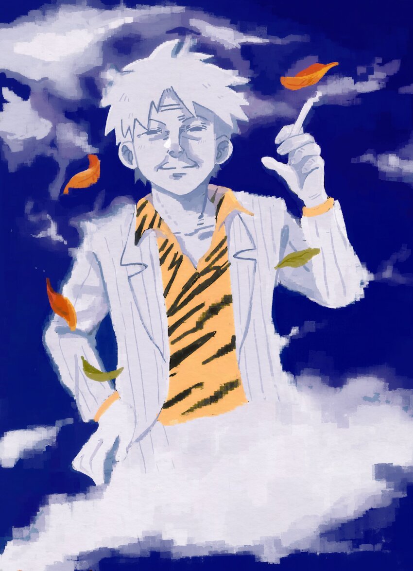 1boy absurdres akagi_shigeru animal_print blazer blue_sky cigarette closed_mouth cloud commentary falling_leaves fukumoto_mahjong grey_jacket highres holding holding_cigarette jacket leaf long_sleeves looking_at_viewer male_focus old old_man open_clothes open_jacket print_shirt shirt short_hair sky smile solo striped_clothes striped_jacket symbol-only_commentary ten_(manga) tiger_print tzk6996 upper_body yellow_shirt