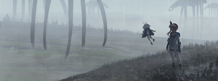 2girls absurdres alternate_costume blonde_hair capelet de4d_fish floating genshin_impact grass halo highres lumine_(genshin_impact) multiple_girls outdoors paimon_(genshin_impact) rain scenery shirt shoes shorts white_hair white_shirt yellow_eyes