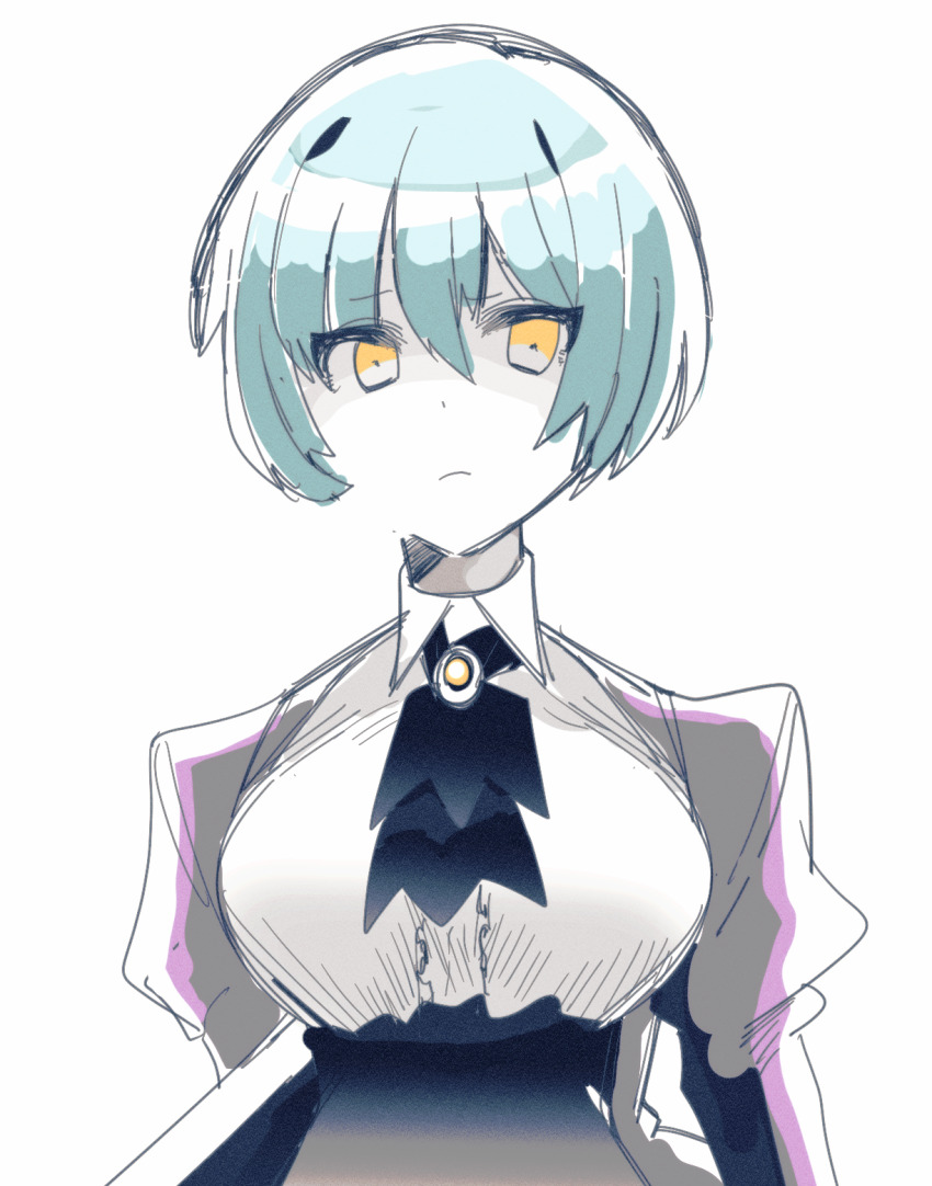 1girl angela_(project_moon) black_skirt blue_hair breasts brown_jacket center_frills closed_mouth frills high-waist_skirt highres jacket juliet_sleeves large_breasts library_of_ruina long_sleeves looking_to_the_side madotsuki_ren project_moon puffy_sleeves shirt short_hair shrug_(clothing) simple_background skirt solo white_background white_shirt yellow_eyes