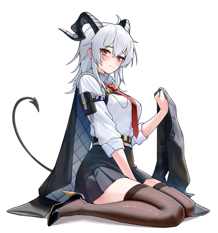 1girl adapted_costume arm_pouch between_legs black_horns black_jacket black_pants black_pouch black_shoes black_skirt black_tail black_thighhighs blush breasts chest_harness chinese_commentary closed_mouth collared_shirt commentary_request curled_horns demon_tail embarrassed grey_hair hair_between_eyes hand_between_legs harness high_heels highres holding_pants horns jacket jacket_on_shoulders large_breasts looking_at_viewer medium_hair necktie pants red_eyes red_necktie shirt shoes sidelocks simple_background sitting skirt sleeves_rolled_up solo tail thighhighs thighs unworn_pants wariza white_background white_shirt wuthering_waves xiaoyu_yao_(htx1993601) zani_(wuthering_waves)